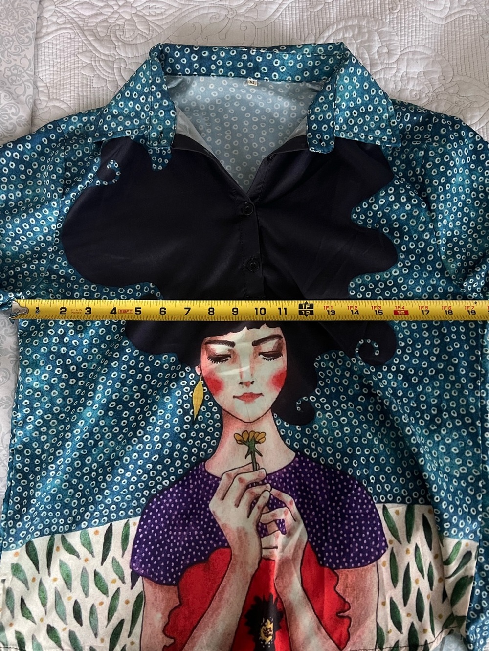 Artistic Illustrated Blue Patterned Button-Up Top - Picture 4 of 5